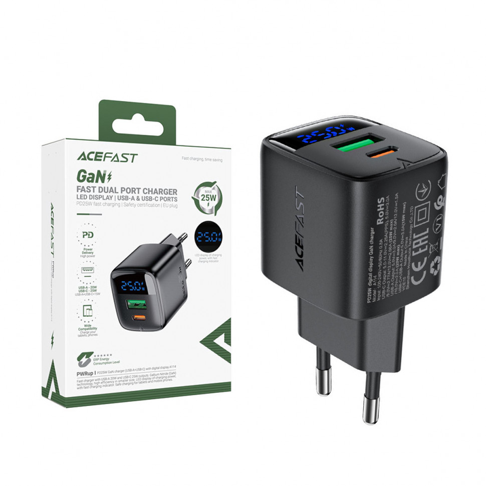 СЗУ USB/Type-C Acefast A114 (25W, QC3.0, PD, 2 порта, GaN, с дисплеем) Черный