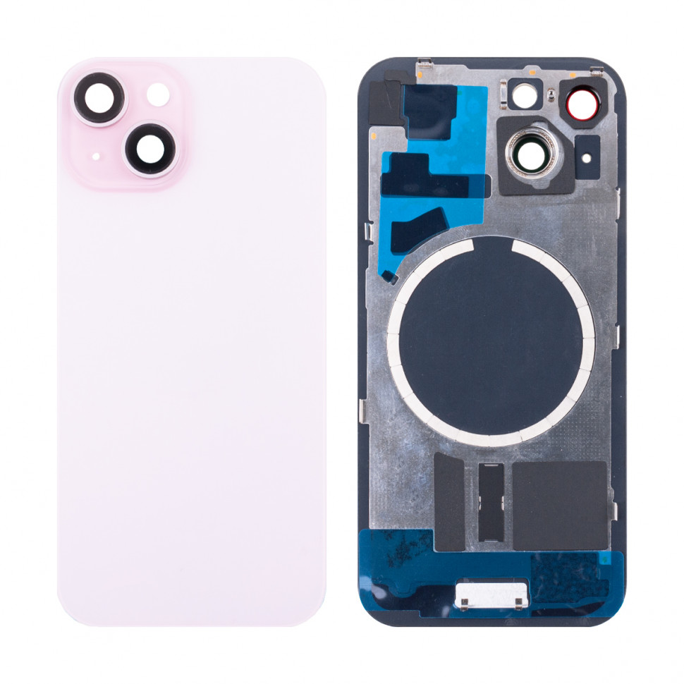 Задняя крышка для iPhone 15 в сборе со стеклом камеры Розовый (стекло, логотип) - Премиум