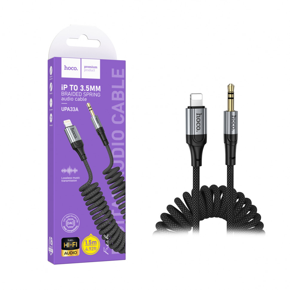 Кабель AUX "3,5 мм" Jack - Lightning Hoco UPA33A (1.5 м) Черный