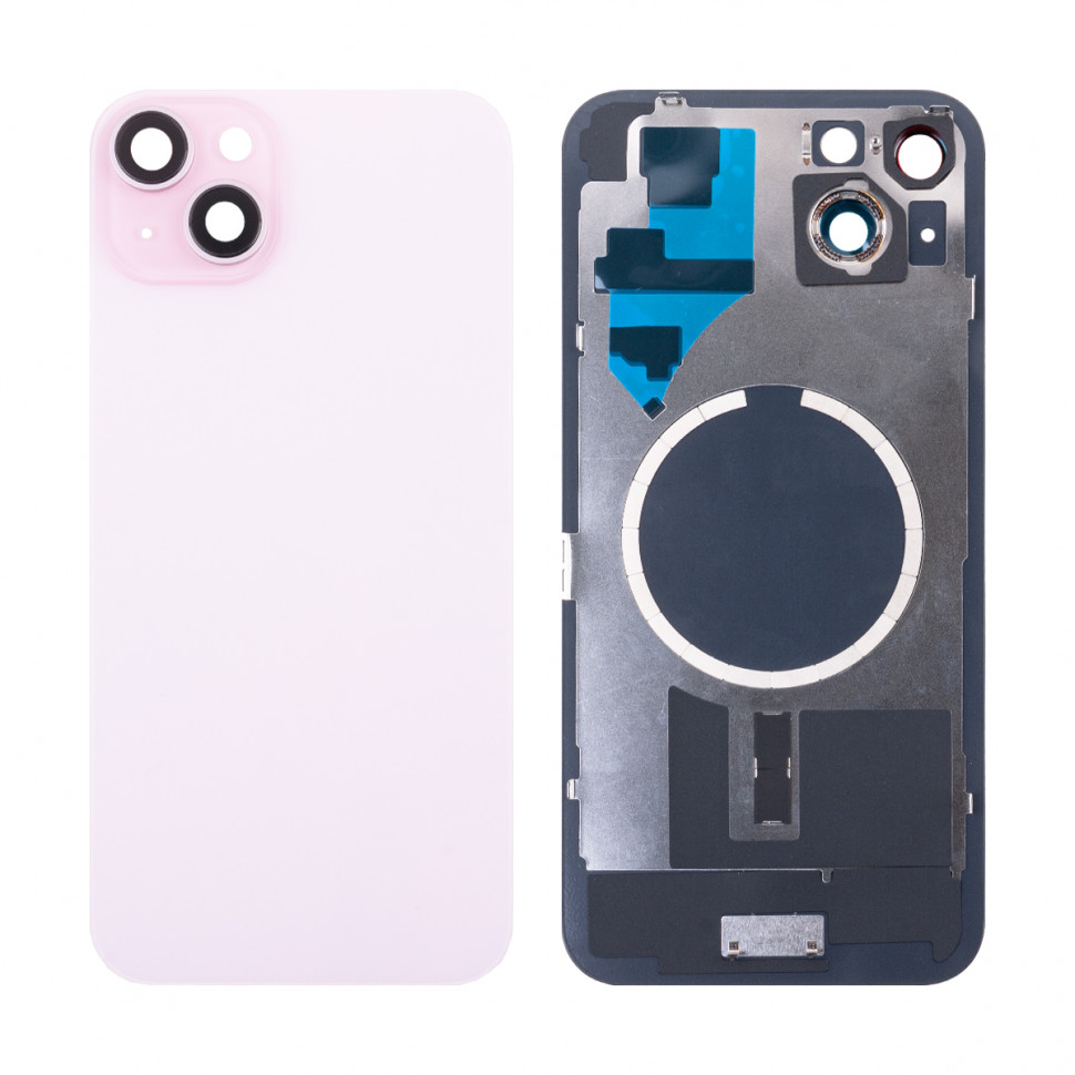 Задняя крышка для iPhone 15 Plus в сборе со стеклом камеры Розовый (стекло, логотип) - Премиум