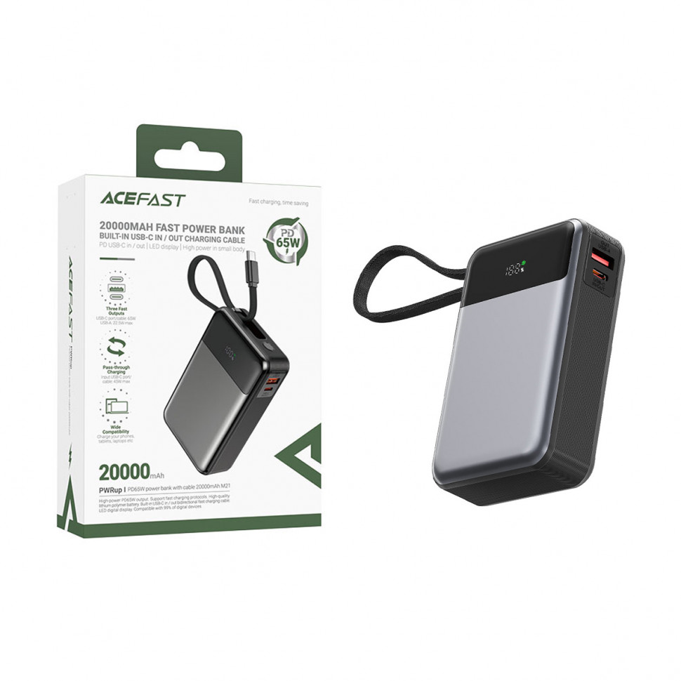 Внешний Аккумулятор Acefast M21 20000 mAh (65W, QC3.0, PD, AVS, USB, Type-C, LCD) Черный