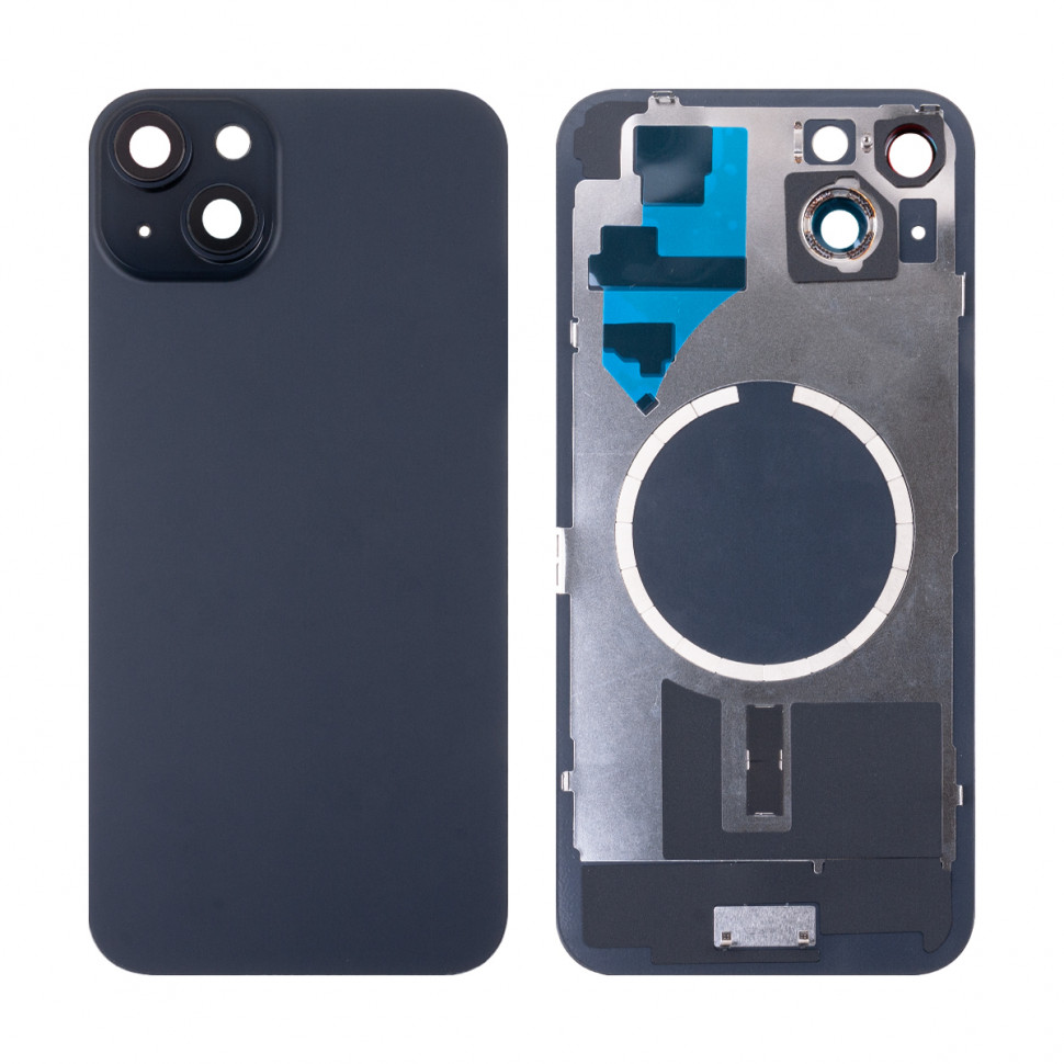 Задняя крышка для iPhone 15 Plus в сборе со стеклом камеры Черный (стекло, логотип) - Премиум
