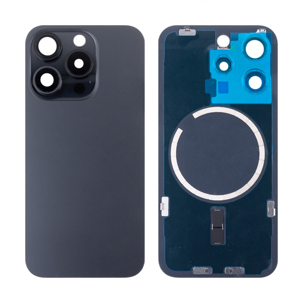 Задняя крышка для iPhone 15 Pro в сборе со стеклом камеры Черный (стекло, логотип) - Премиум