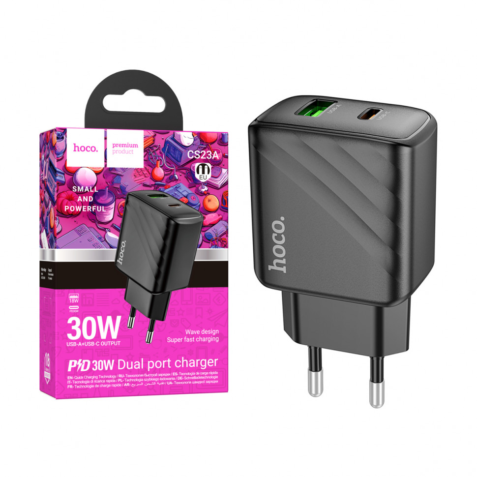 СЗУ USB/Type-C Hoco CS23A (30W, QC3.0, PD, 2 порта) Черный