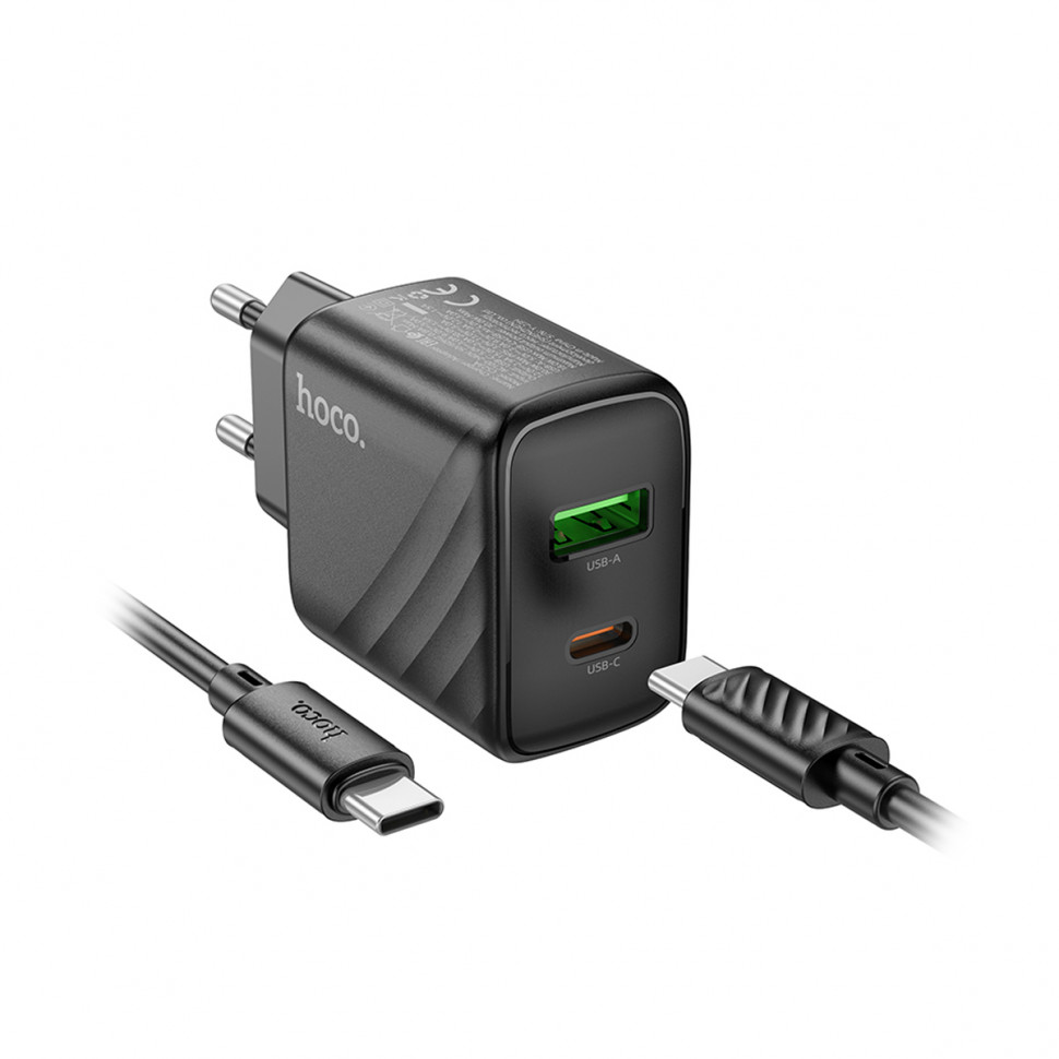 СЗУ USB/Type-C Hoco CS23A (30W, QC3.0, PD, 2 порта, кабель Type-C-Type-C) Черный