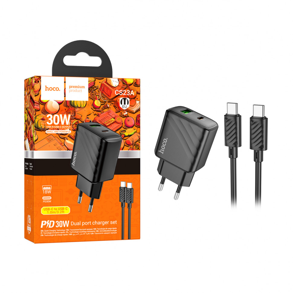 СЗУ USB/Type-C Hoco CS23A (30W, QC3.0, PD, 2 порта, кабель Type-C-Type-C) Черный