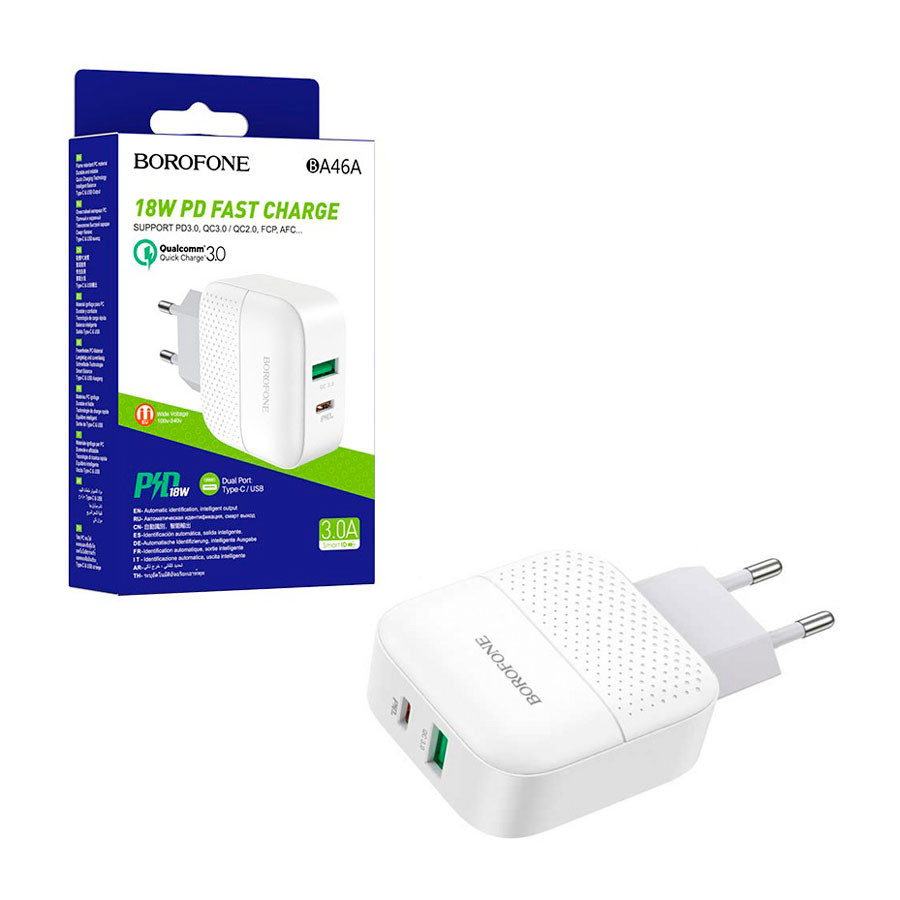 СЗУ USB/Type-C Borofone BA46A (18W, QC3.0, PD, 2 порта) Белый