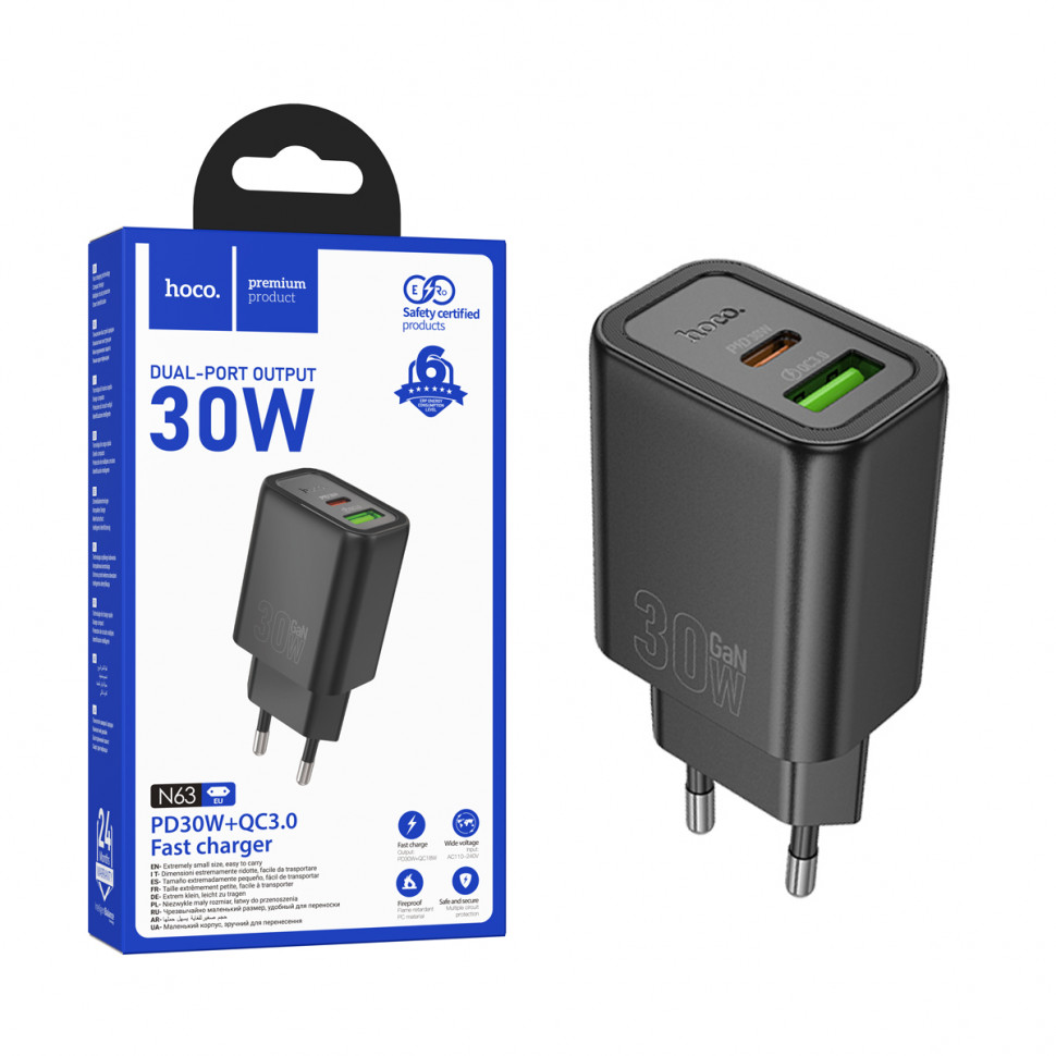 СЗУ USB/Type-C Hoco N63 (30W, QC3.0, PD, 2 порта, GaN) Черный