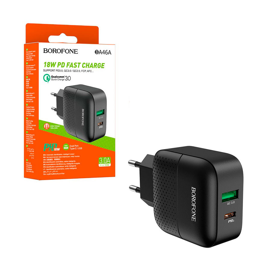 СЗУ USB/Type-C Borofone BA46A (18W, QC3.0, PD, 2 порта) Черный