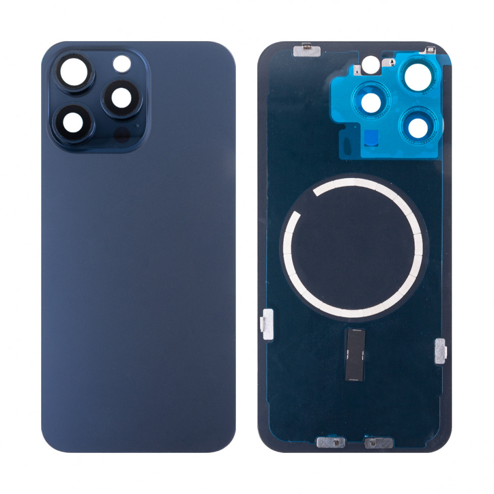 Задняя крышка для iPhone 15 Pro Max в сборе со стеклом камеры Синий (стекло, логотип) - Премиум