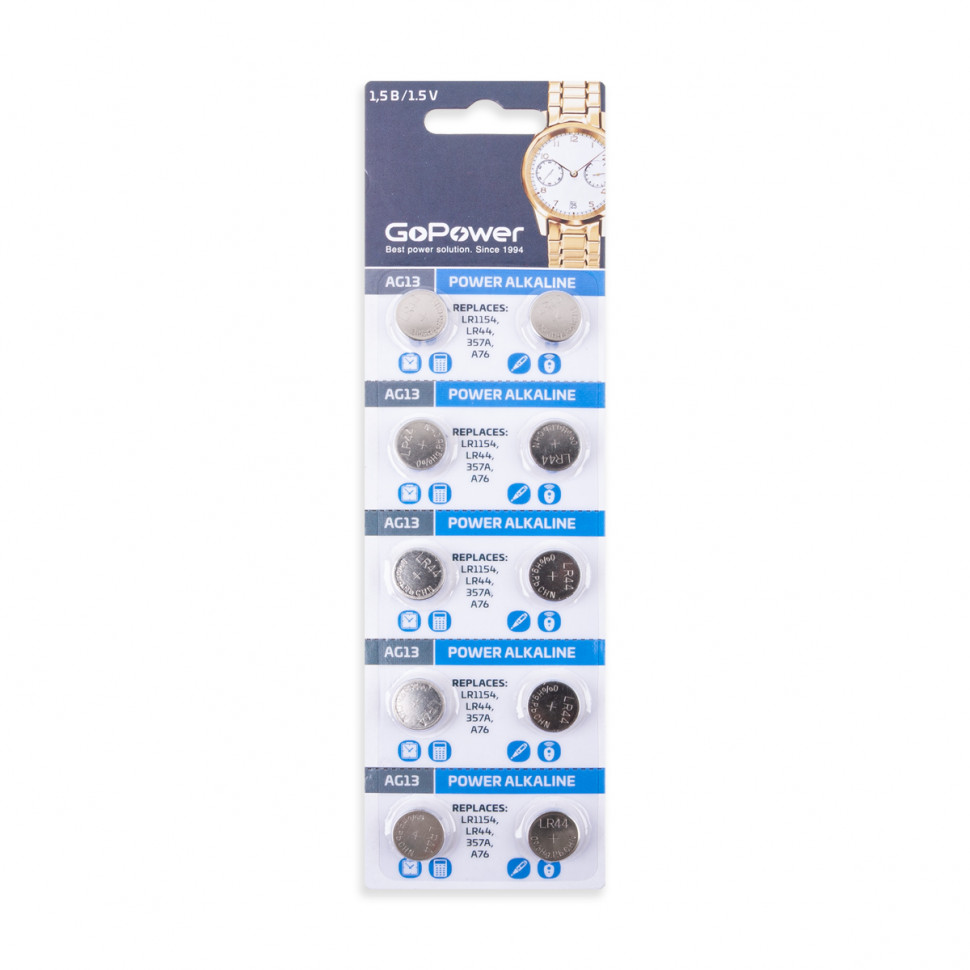 Батарейка AG13/LR1154/LR44/357A/A76 GoPower Alkaline 1.5V (10 шт. в блистере)