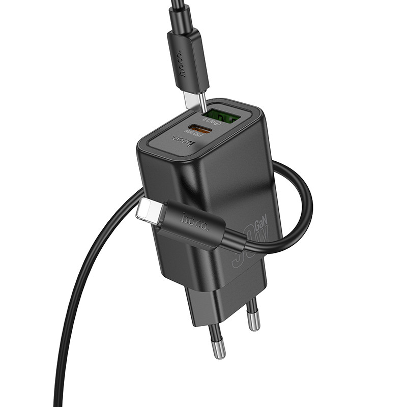 СЗУ USB/Type-C Hoco N63 (30W, QC3.0, PD, 2 порта, GaN, кабель Type-C-Lightning) Черный