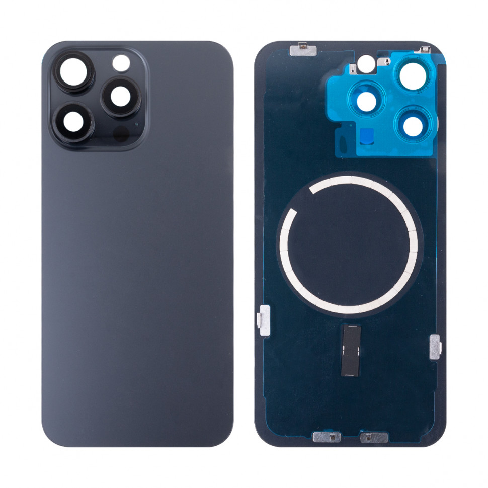 Задняя крышка для iPhone 15 Pro Max в сборе со стеклом камеры Черный (стекло, логотип) - Премиум
