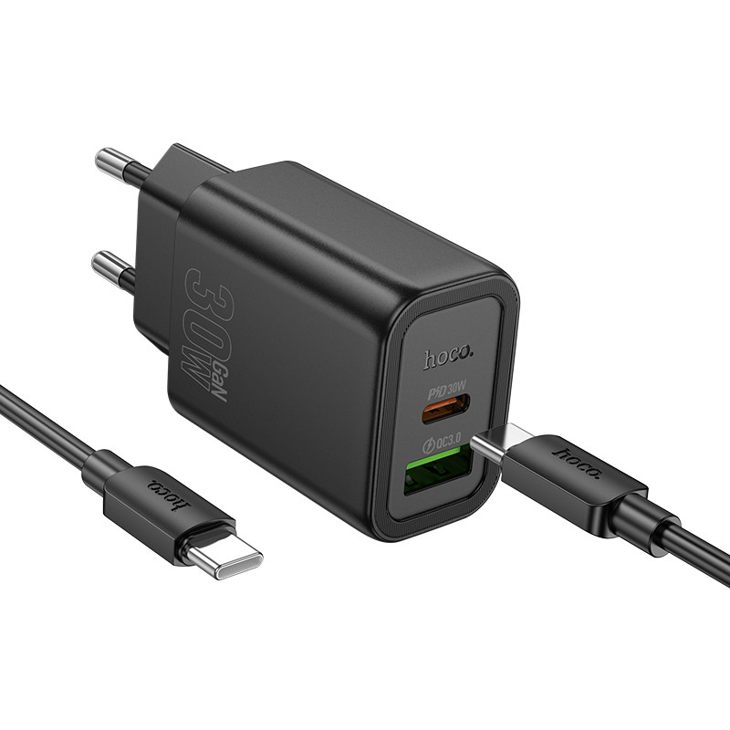 СЗУ USB/Type-C Hoco N63 (30W, QC3.0, PD, кабель Type-C-Type-C, GaN) Черный