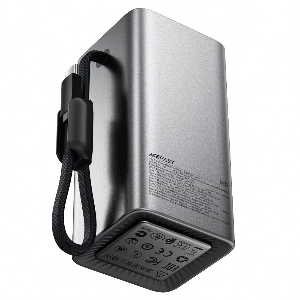 Внешний Аккумулятор Acefast M33 20000 mAh (100W, PD, Type-C, встроенный кабель Type-C, LCD) Серый
