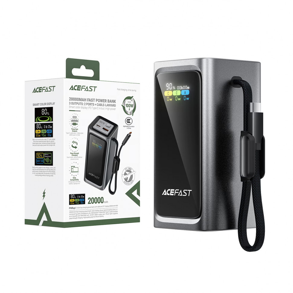 Внешний Аккумулятор Acefast M33 20000 mAh (100W, PD, Type-C, встроенный кабель Type-C, LCD) Серый