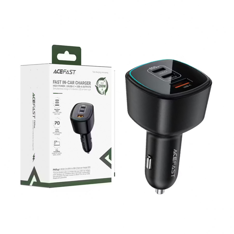 АЗУ USB/Type-C Acefast B18 (200W, QC3.0, PD, 2Type-C, 1USB) Черный