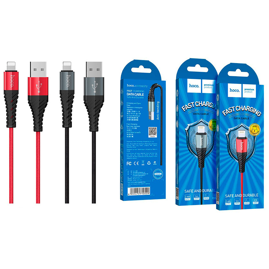 Кабель USB - Lightning Hoco X38 (2.4A, оплетка нейлон) Черный