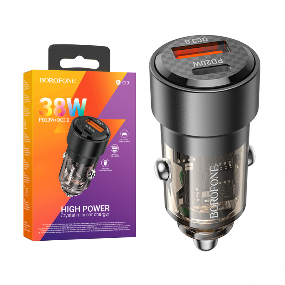 АЗУ USB/Type-C Borofone BZ20 (38W, QC3.0, PD, 1Type-C, 1USB, прозрачный) Черный