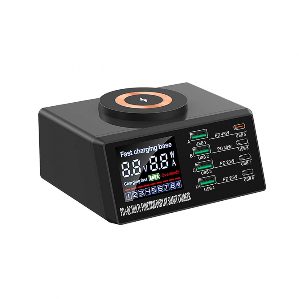 Зарядная станция (110W, 8 портов, 4USB-QC0.3/4Type-C-PD, Qi 15W, LCD)