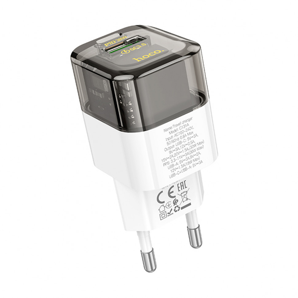 СЗУ USB/Type-C Hoco C131A (30W, QC3.0, PD, 2 порта, прозрачный) Черный