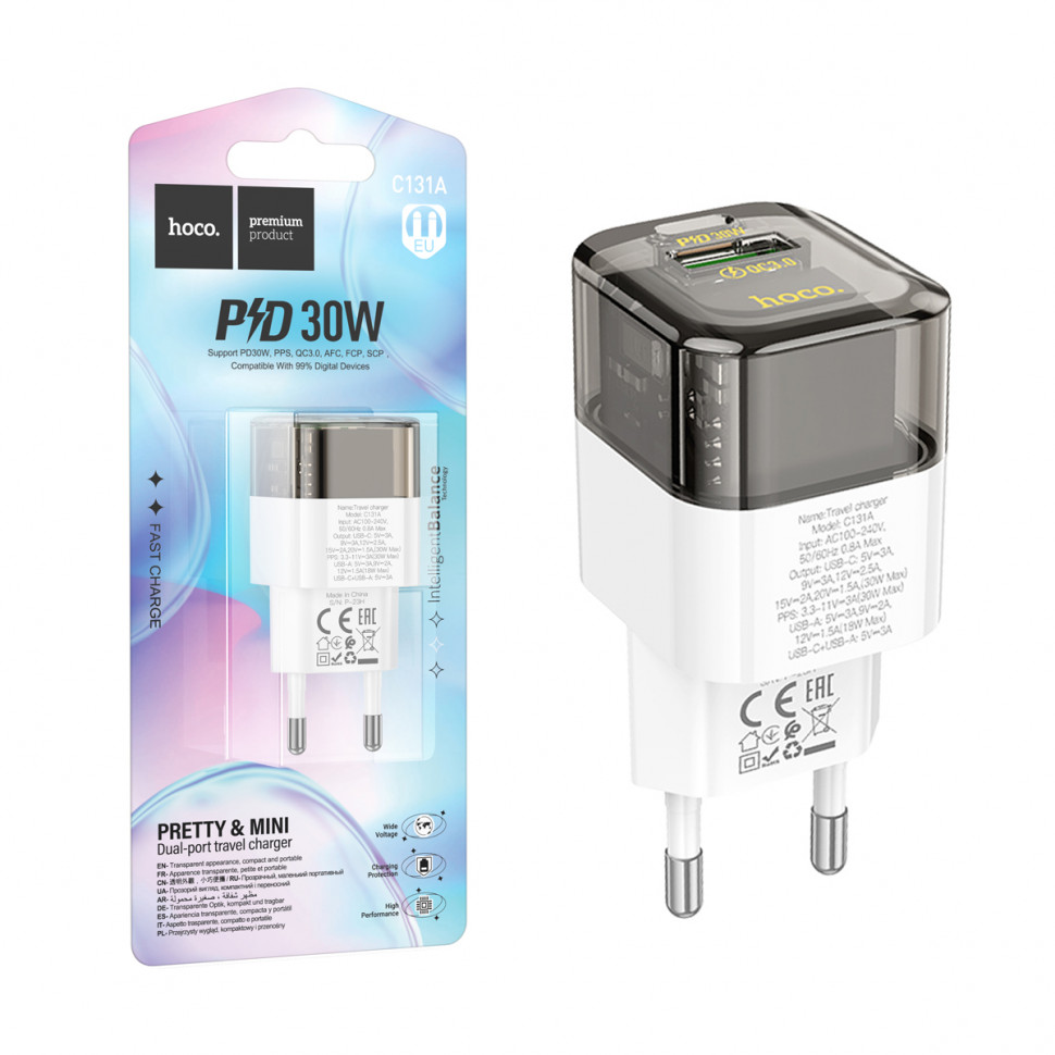 СЗУ USB/Type-C Hoco C131A (30W, QC3.0, PD, 2 порта, прозрачный) Черный