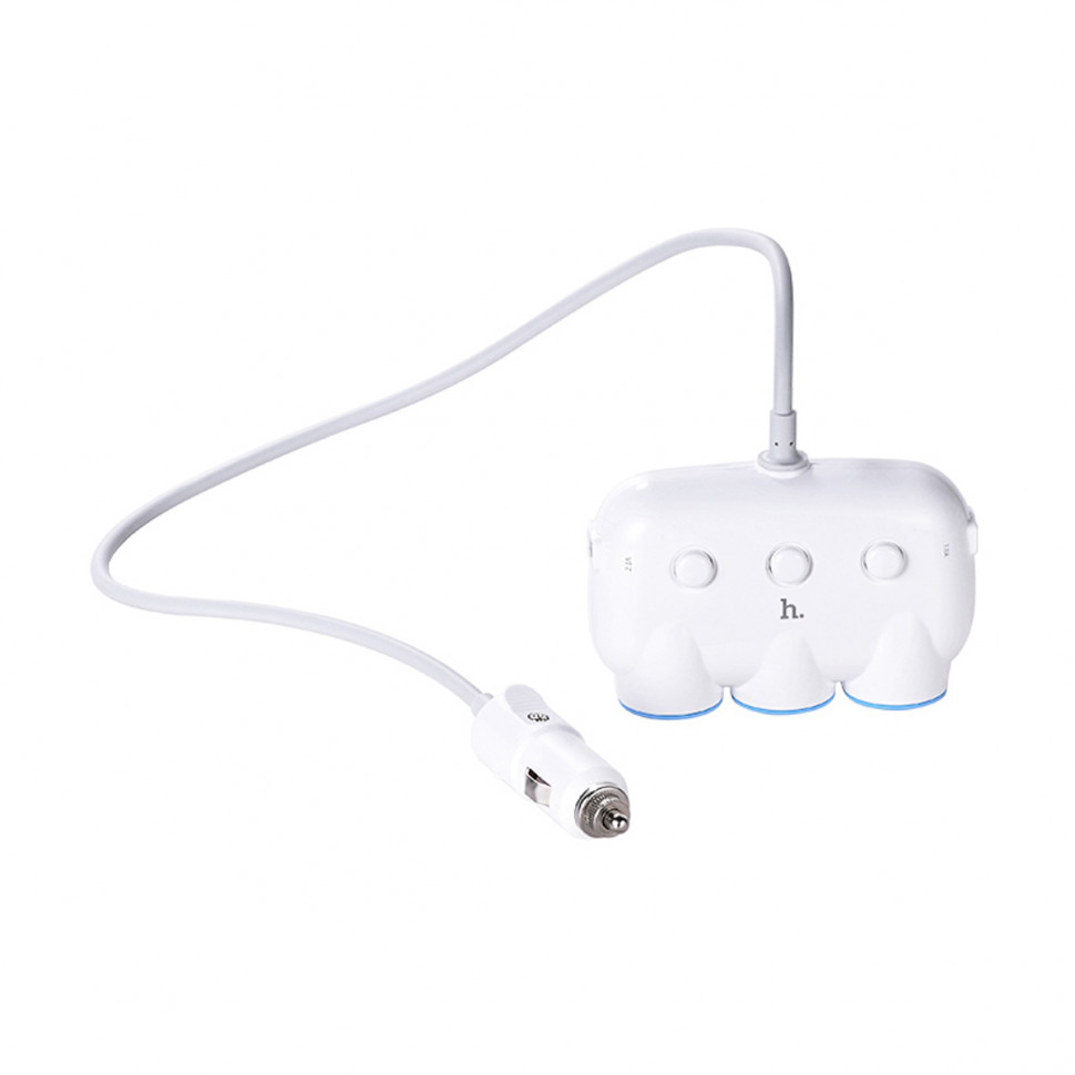 Автомобильный разветвитель прикуривателя Hoco C1 (15W, 3 гнезда, 2USB) Белый