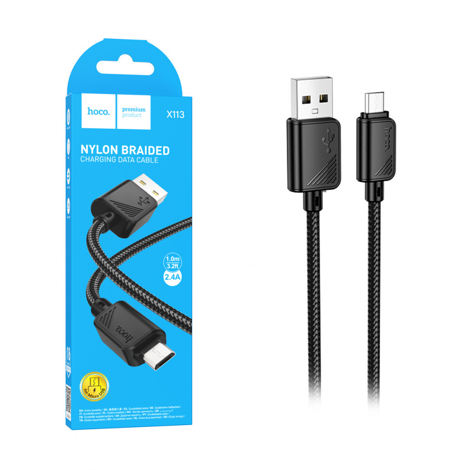 Кабель USB - MicroUSB Hoco X113 (2.4A, оплетка нейлон) Черный