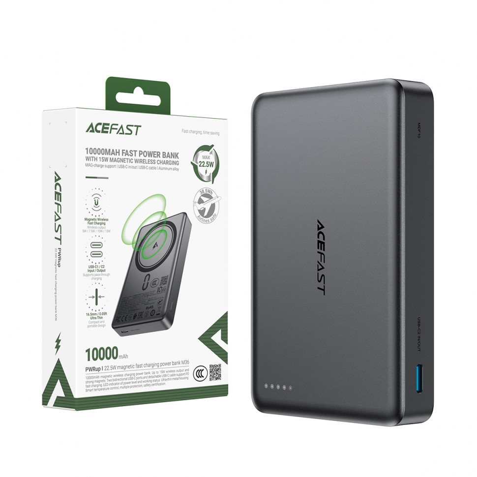 Внешний Аккумулятор Acefast M36 10000 mAh (22.5W, PD, MagSafe 15W, Type-C, LCD) Серый