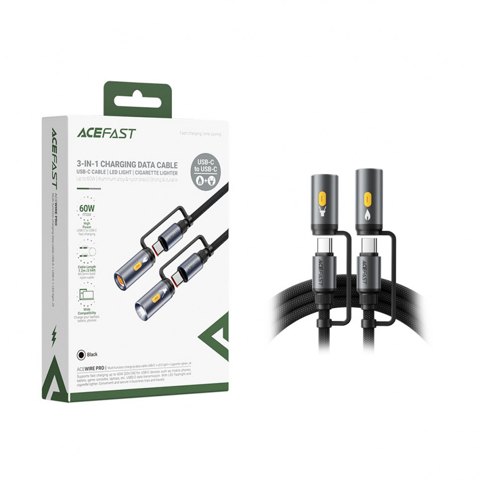 Кабель Type-C - 3 в 1 (Type-C+прикуриватель+LED подсветка) Acefast J4 (3A, 60W, 1,2 м) Черный