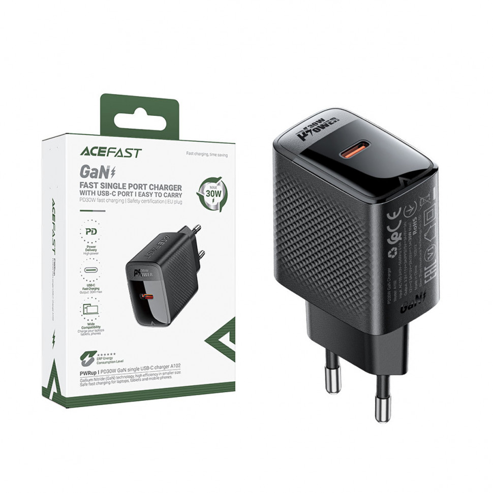 СЗУ Type-C Acefast A102 (30W, PD, GaN) Черный
